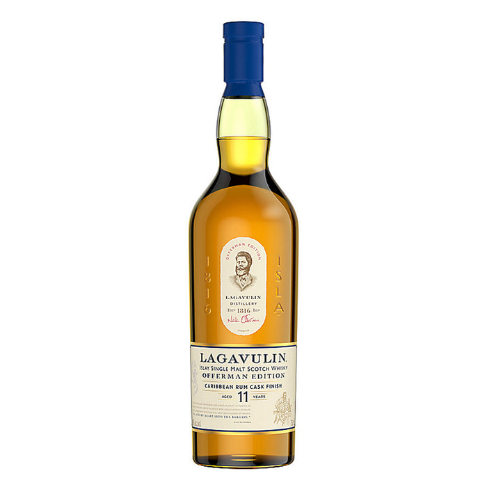 Lagavulin 11 Year Offerman 4th Edition Caribbean Rum Cask Finish Scotch Whiskey front of bottle