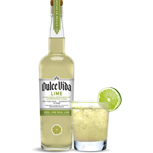 Dulce Vida Lime Tequila with glass and a lime.