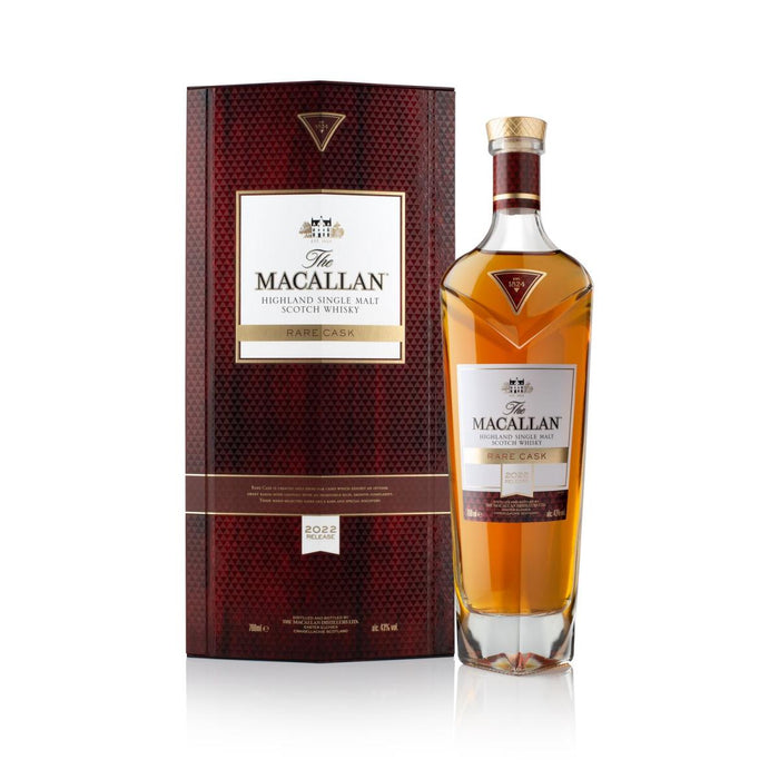The Macallan Rare Cask Single Malt Scotch Whisky (2022 Release) front box and bottle.