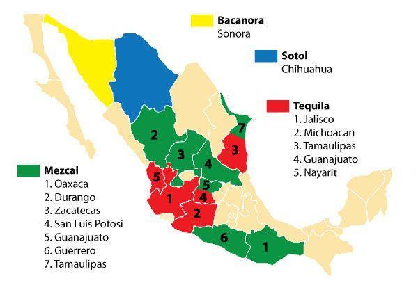 Map of where tequila is made, mexico regions where mezcal, tequila, and other spirits are produced.