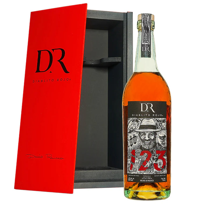 123 Organic Diablito Rojo Extra Añejo Tequila open box and bottle