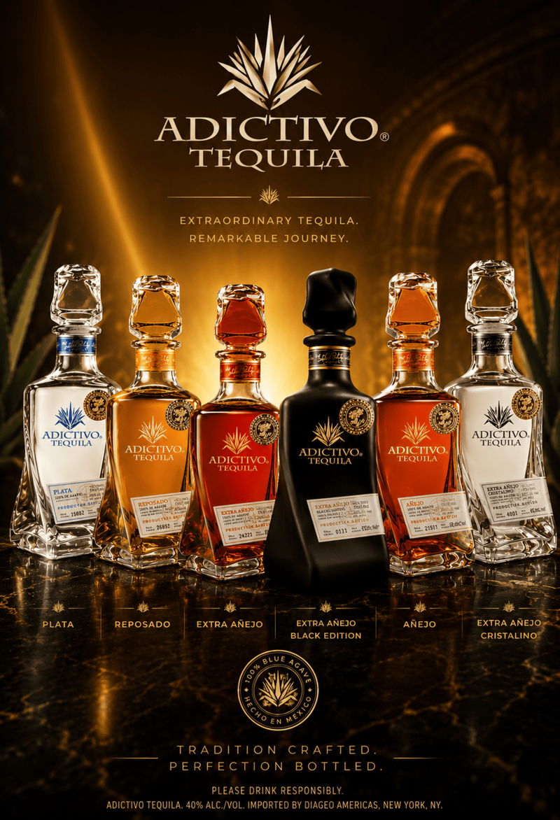 Adictivo Tequila bottles displayed with their labels on a dark background