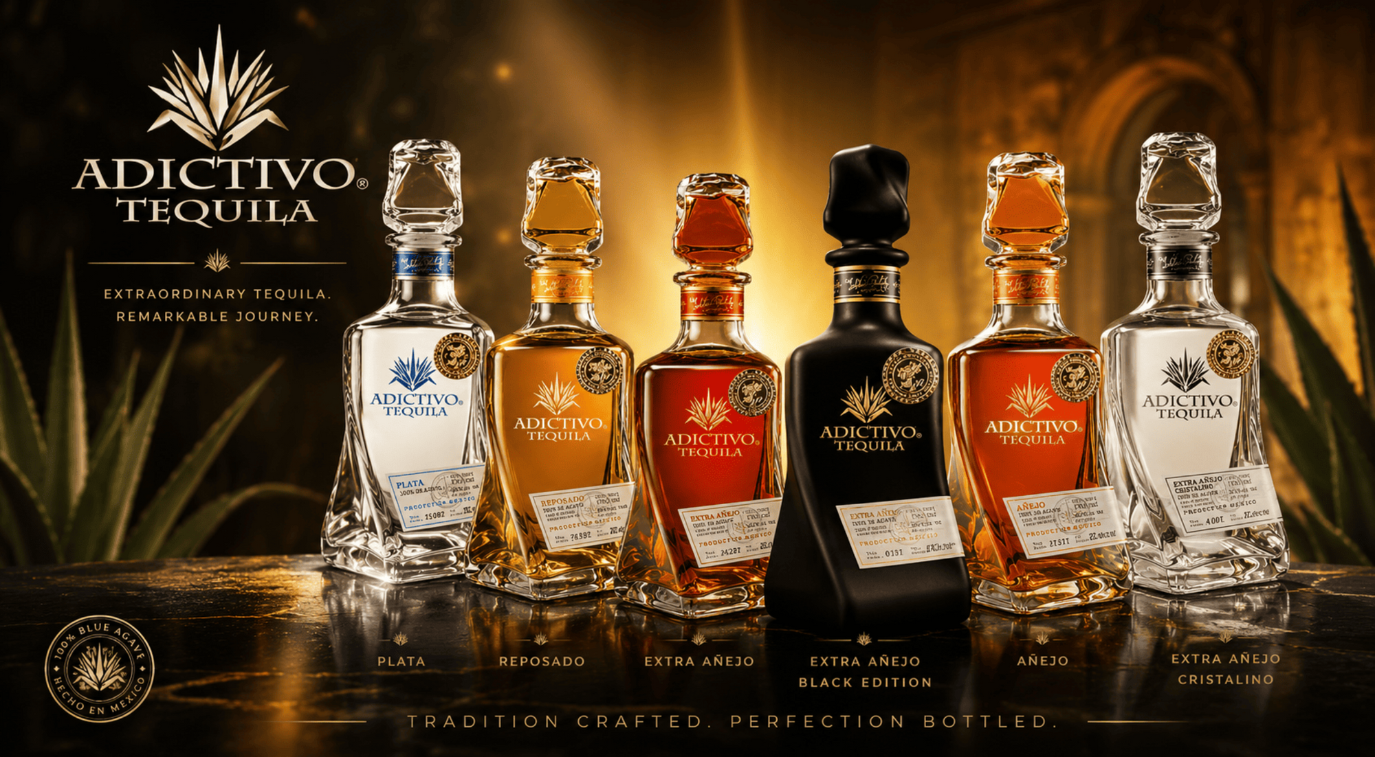 Collection of Adictivo Tequila bottles on a dark background with 'Adictivo Tequila' branding.