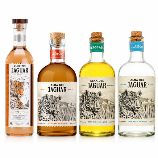 Four bottles of Alma Del Jaguar tequila arranged side by side on a white background, showing different flavor variants: Mizunara Casks, Añejo, Reposado, and Blanco.