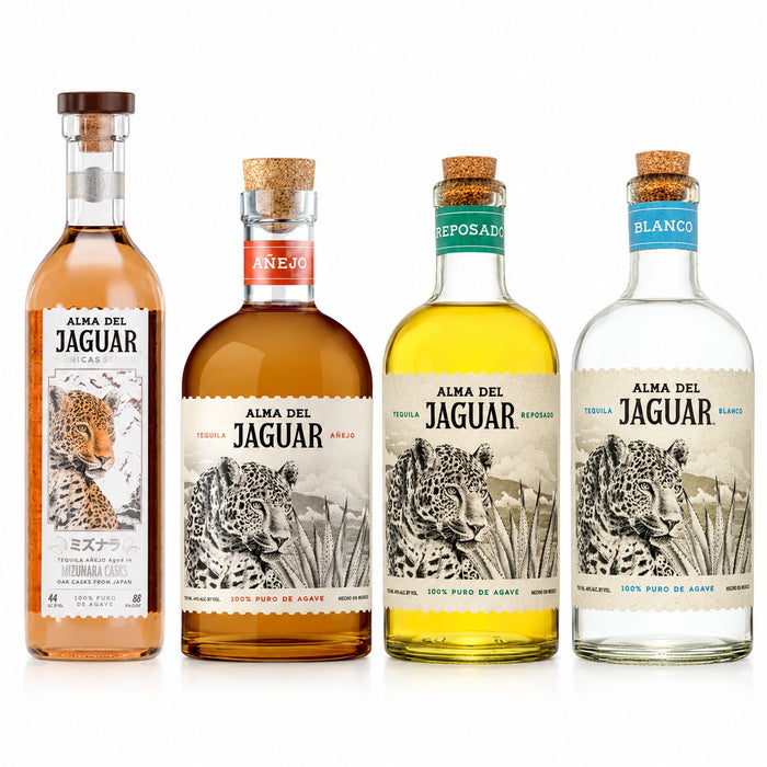 Four bottles of Alma Del Jaguar tequila arranged side by side on a white background, showing different flavor variants: Mizunara Casks, Añejo, Reposado, and Blanco.