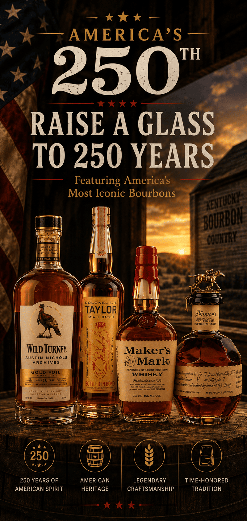 Four bottles of bourbon on a wooden surface with text celebrating America's 250th anniversary.