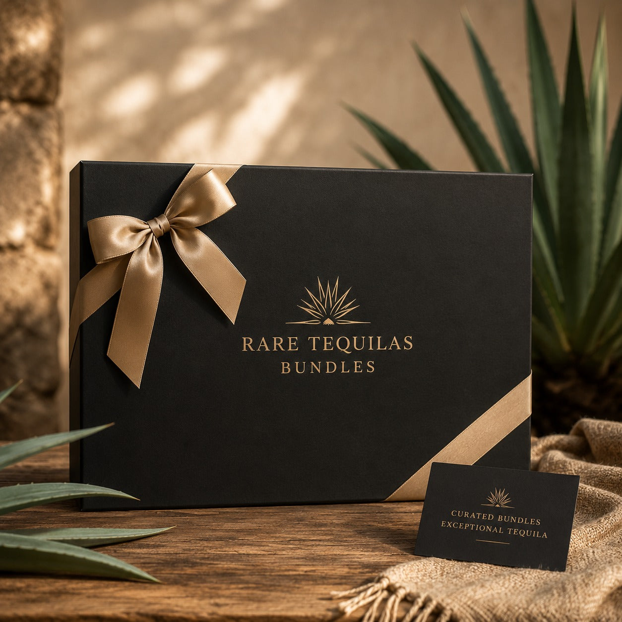 A black gift box with a gold ribbon bow and gold lettering reading 'RARE TEQUILAS BUNDLES' sits on a wooden surface, with a small matching card in front and agave plants in the background.