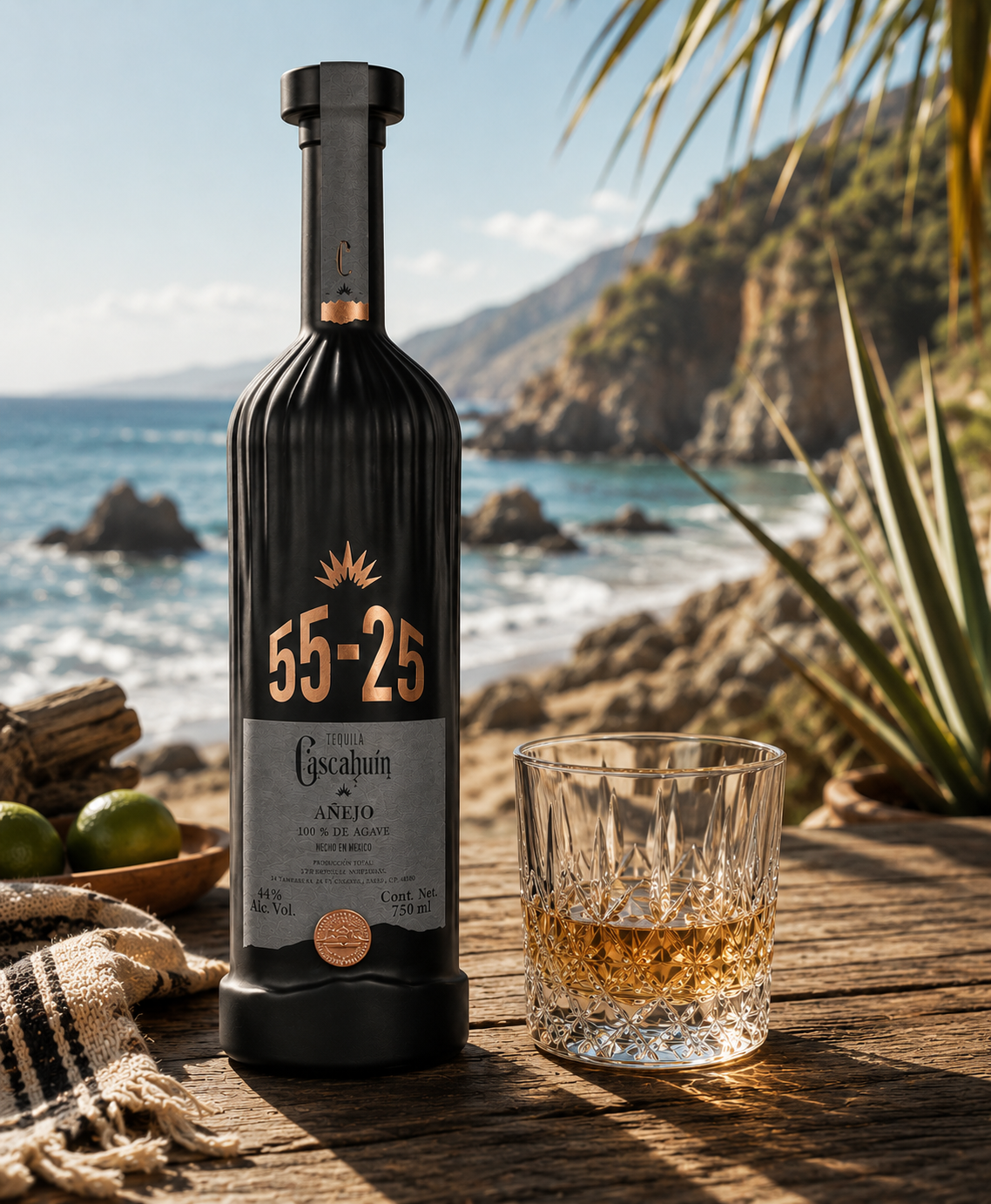 A bottle of 55-25 by Oscarini 1910 whisky stands on a wooden table beside a cut glass filled with amber liquor, set against a sunny coastal beach background with ocean, cliffs, and palm leaves.