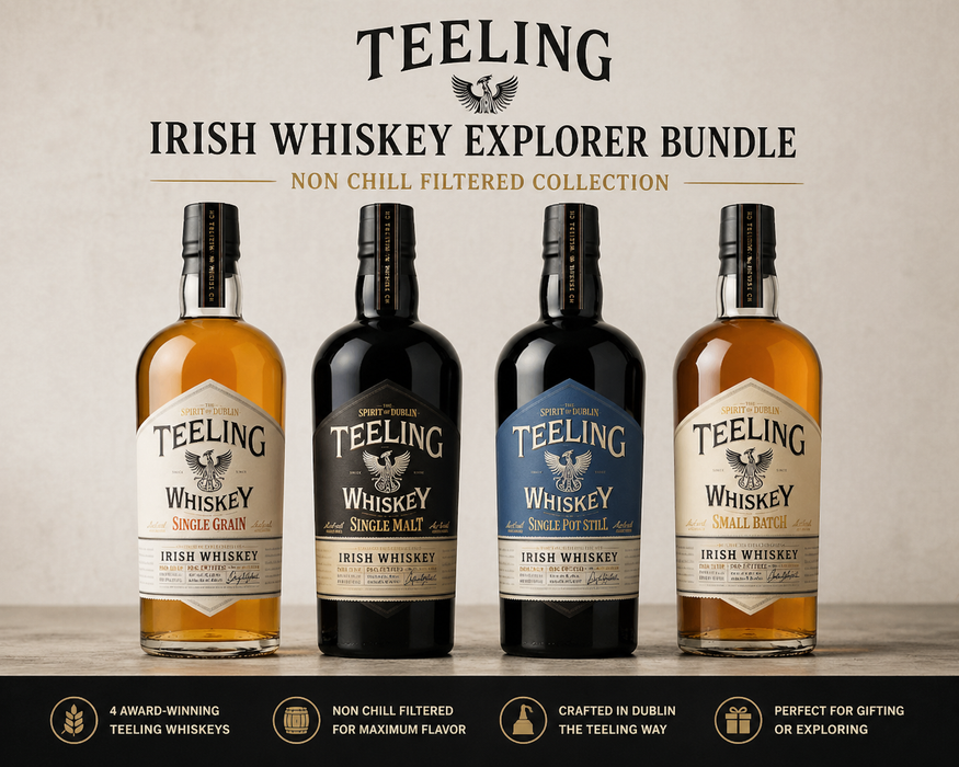 Four bottles of Teeling Irish Whiskey on a wooden surface with a neutral background.