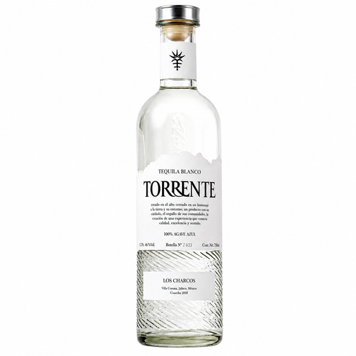 A bottle of Torrente Tequila Blanco on a plain white background. The clear glass bottle features a white label with black text and a silver metal cap.