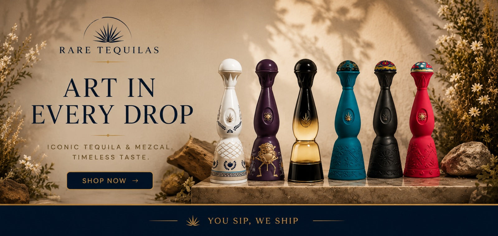 A promotional banner for Rare Tequilas showing six decorative tequila bottles lined up on a wooden surface against a warm beige background with dried floral props. The bottles are white, purple, black, amber, teal, and red, with the Rare Tequilas logo and the text 'ART IN EVERY DROP' on the left.