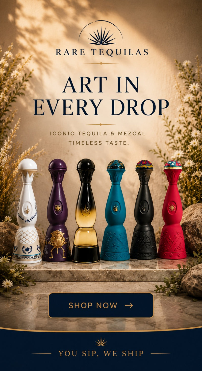 A promotional graphic for Rare Tequilas showing six decorative tequila bottles in different colors lined up on a stone surface, with large text reading 'ART IN EVERY DROP' and a 'SHOP NOW' button.