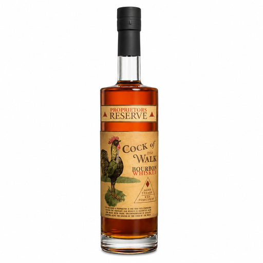 A bottle of Cock of the Walk Bourbon Whiskey from the brand Proprietors Reserve, featuring a black cap and a vintage-style label with a rooster illustration, set against a plain white background.