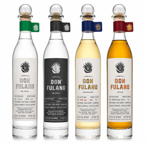 Four glass bottles of Don Fulano tequila arranged side by side on a white background, showing the Blanco, Blanco Ferrato, Reposado, and Añejo varieties with different colored caps and labels.