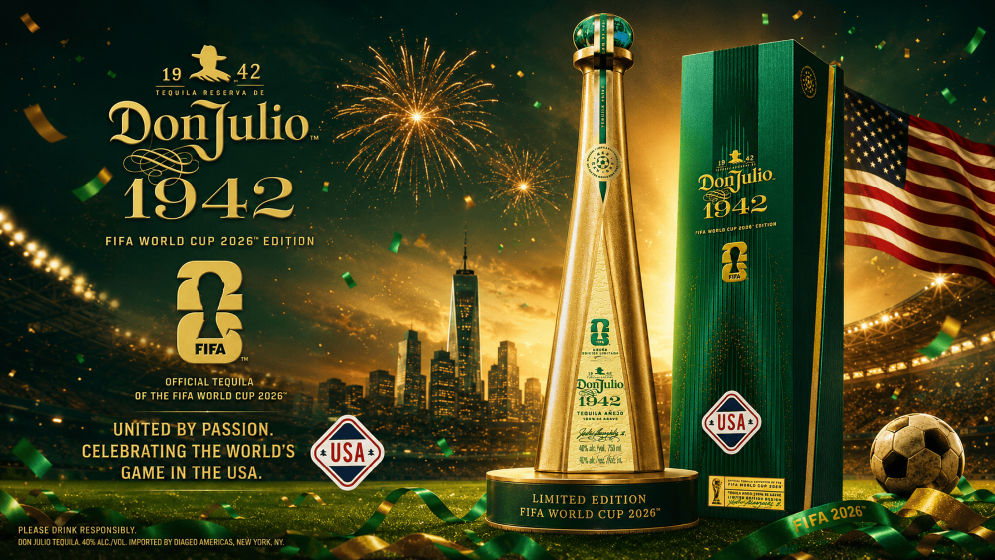 Don Julio 1942 bottle and packaging with fireworks and stadium background