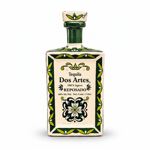 Dos Artes Reposado Tequila 1 Liter hand-painted ceramic bottle on the white background