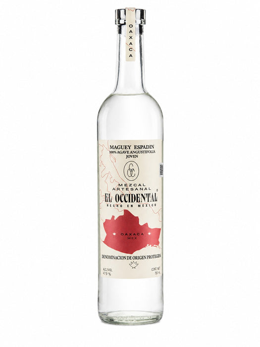 A clear glass bottle of El Occidental Mezcal Reposado on a solid white background. The bottle features a cream-colored label with a red map graphic of Mexico and black text, and is sealed with a silver metal cap.