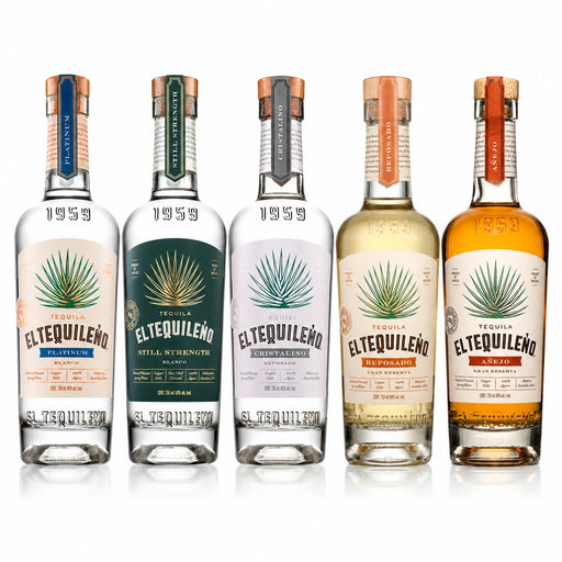 Five bottles of El Tequeñero tequila arranged side by side on a white background, showing different flavor variants with distinct colored labels and neck wraps.