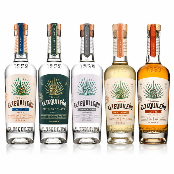 Five bottles of El Tequeñero tequila arranged side by side on a white background, showing different flavor variants with distinct colored labels and neck wraps.