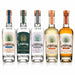 Five bottles of El Tequeñero tequila arranged side by side on a white background, showing different flavor variants with distinct colored labels and neck wraps.