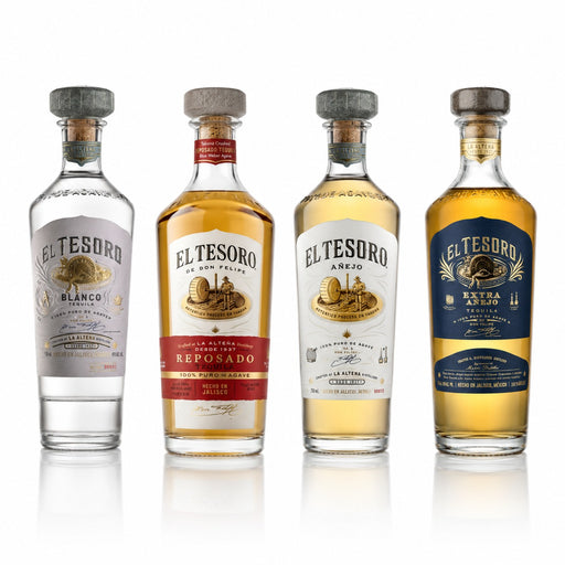 Four Eltesoro tequila bottles lined up against a white background, showing Blanco, Reposado, Anejo, and Extra Anejo varieties with different label colors and golden-yellow liquid.