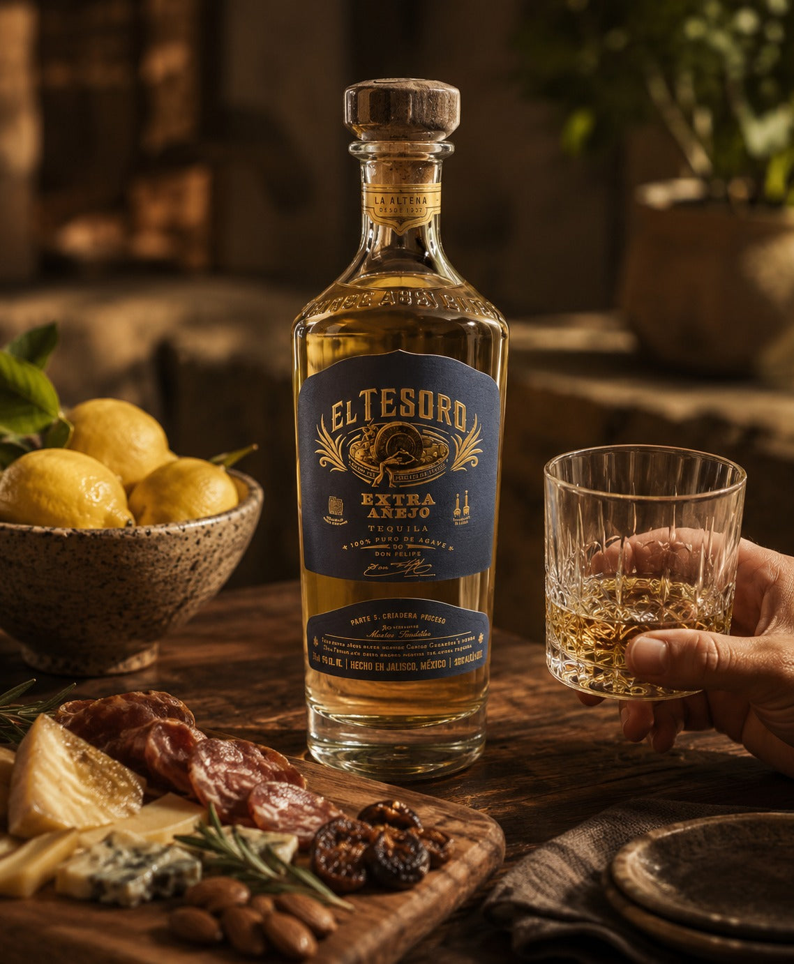 A bottle of Eltesoro Extra Añejo tequila stands on a rustic wooden table, with a hand holding a glass of the golden liquor beside it. Lemons, cured meats, nuts, and dried fruit are arranged around the bottle in a warm, inviting setting.
