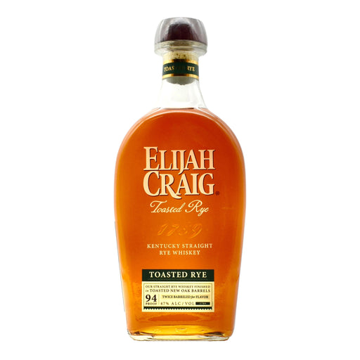A bottle of Elijah Craig Toasted Rye Kentucky Straight Rye Whiskey, showing the amber-colored liquid inside a clear glass bottle with a gold and black label, set against a plain white background.