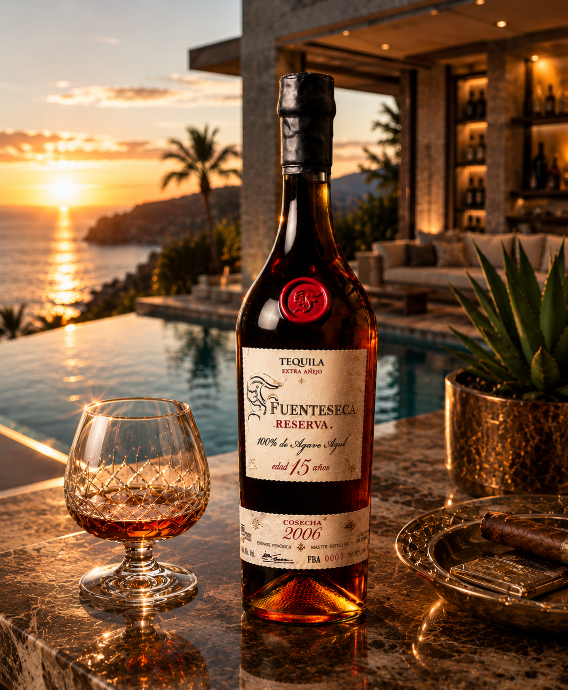 A bottle of Fuentesaque Reserva tequila stands on a stone bar counter beside a filled coupe glass, with a cigar on a plate and an outdoor pool and sunset view in the background.