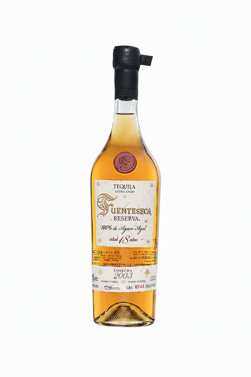 Fuenteseca Reserva Extra Añejo 18 Year Tequila bottle with a label on a white background