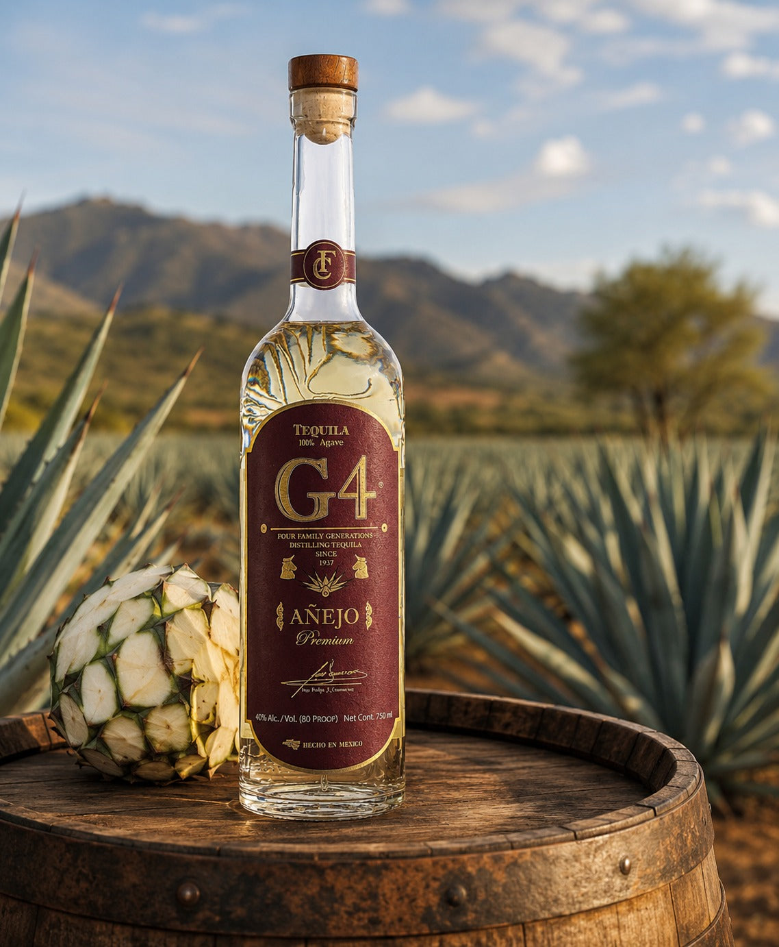 A bottle of G4 Anejo Reposado tequila stands on a wooden barrel in a desert landscape with agave plants and mountains in the background. The bottle has a dark red label with gold lettering and a cork stopper.