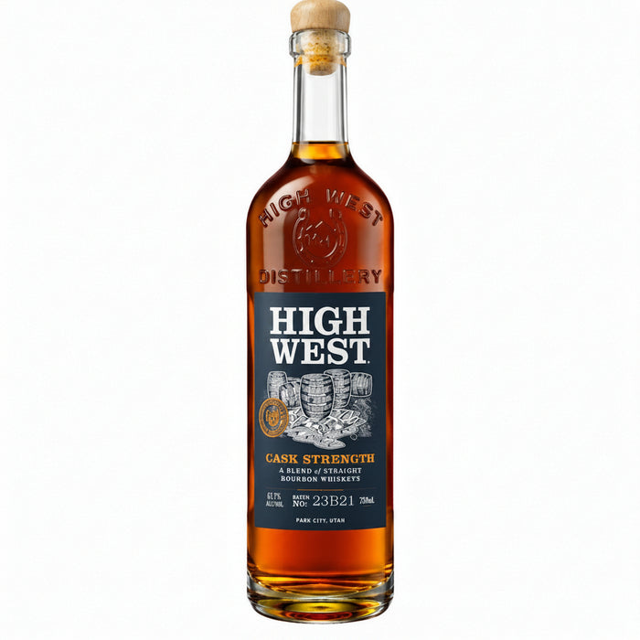 A bottle of High West Distillery Cask Strength Bourbon Whiskey against a plain white background. The bottle is filled with amber whiskey and features a dark navy blue label with white and gold text, sealed with a cork stopper.