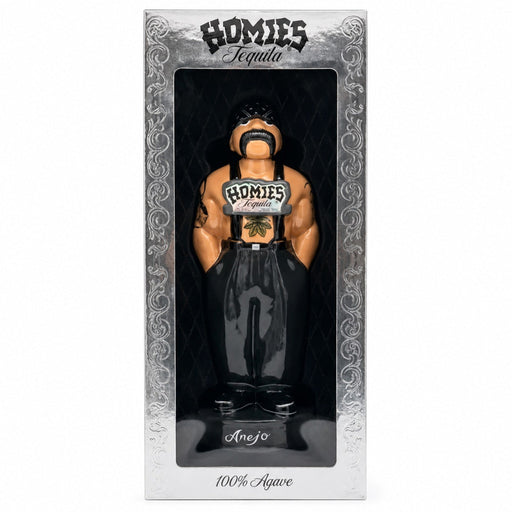 Homies Tequila Anejo 100% Agave bottle displayed inside its silver and black packaging box, featuring a stylized figure of Anejo wearing a black vest and pants with the Homies logo.