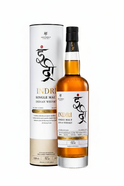 INDRI Trini Three Wood Indian Single Malt Whisky 750ml Bottle and Gift Box