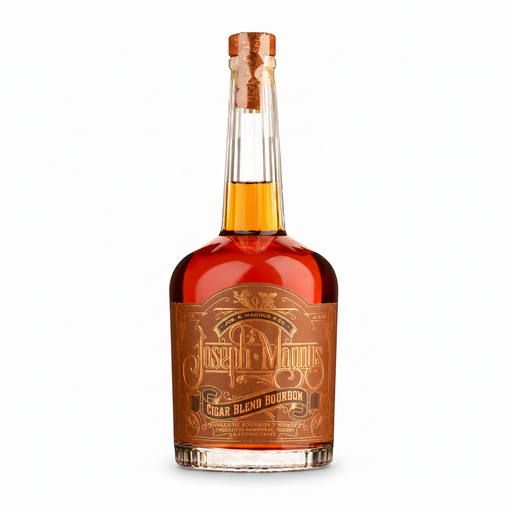 A bottle of Joseph Magnus Cigar Blend Bourbon rum with amber liquid, a brown label, and a cork stopper, shown on a plain white background.
