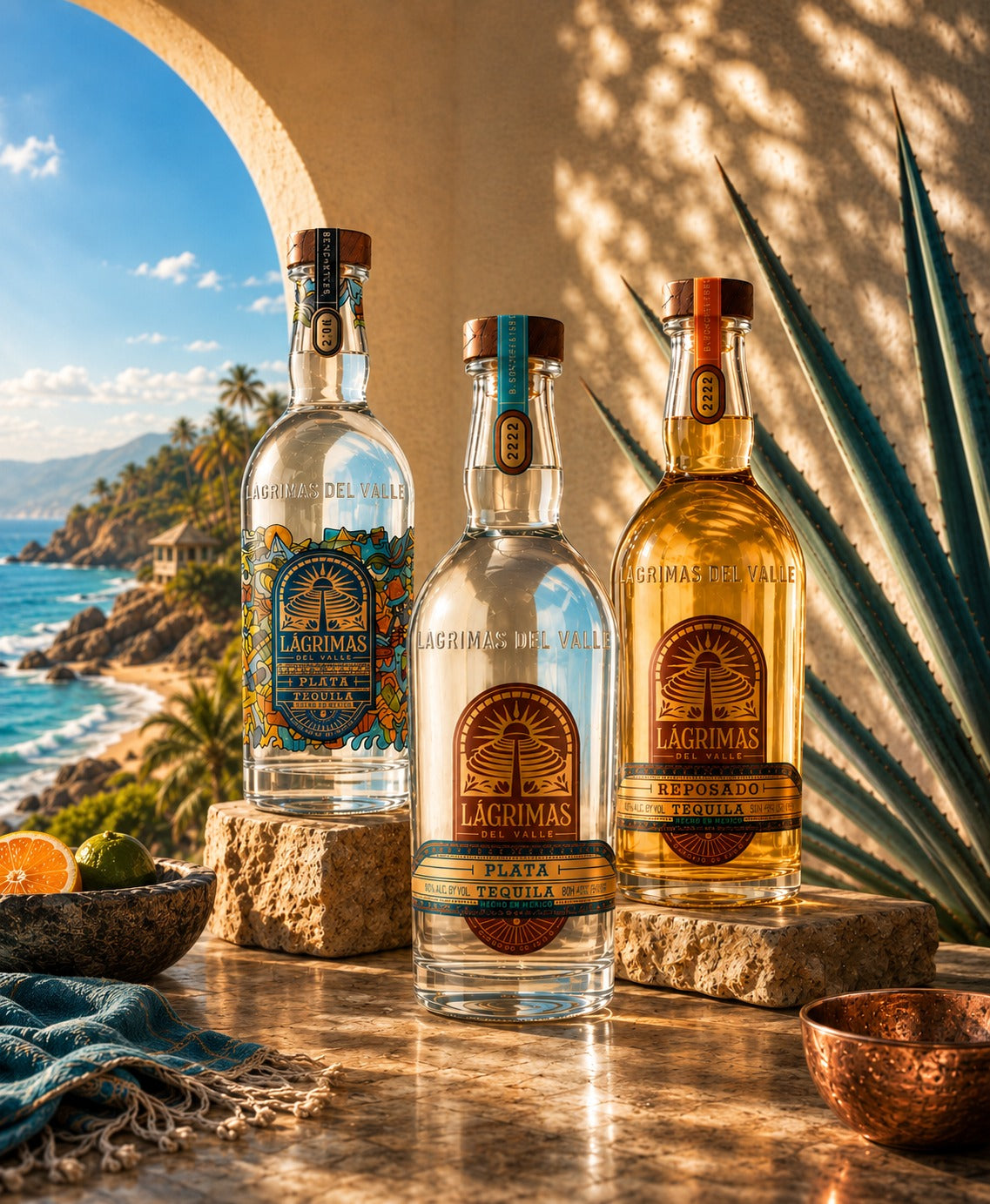 Three bottles of Lagrimas del Valle tequila are displayed on stone blocks on a wooden table, with a sunny beach and ocean background visible through an archway. The bottles contain clear and golden liquids and feature colorful labels.