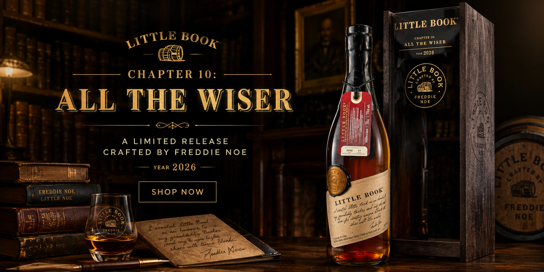 Bottle of Little Book whiskey with packaging and text on a wooden background