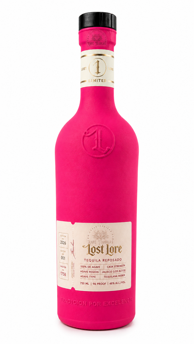 Lost Lore High Proof Reposado 2026 Limited Edition Poca Madre tequila in a vibrant pink bottle on a white background