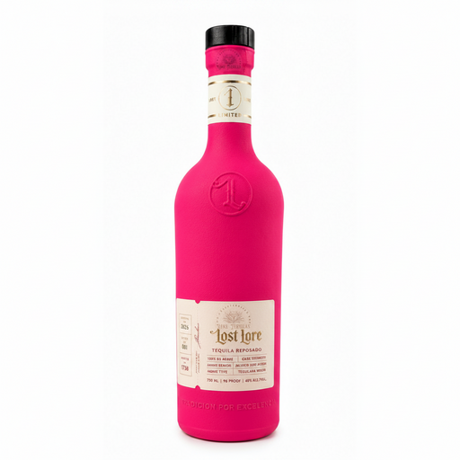 Lost Lore High Proof Reposado 2026 Limited Edition Poca Madre tequila in a vibrant pink bottle on a white background