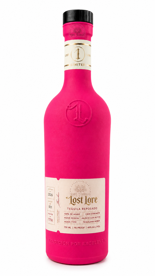 Lost Lore High Proof Reposado 2026 Limited Edition Poca Madre tequila in a vibrant pink bottle on a white background