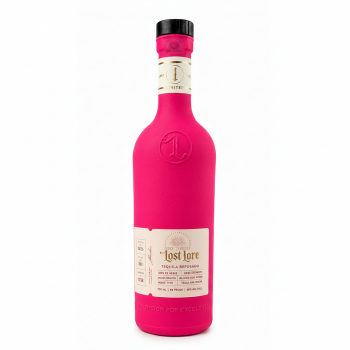 Lost Lore High Proof Reposado 2026 Limited Edition Poca Madre tequila in a vibrant pink bottle on a white background