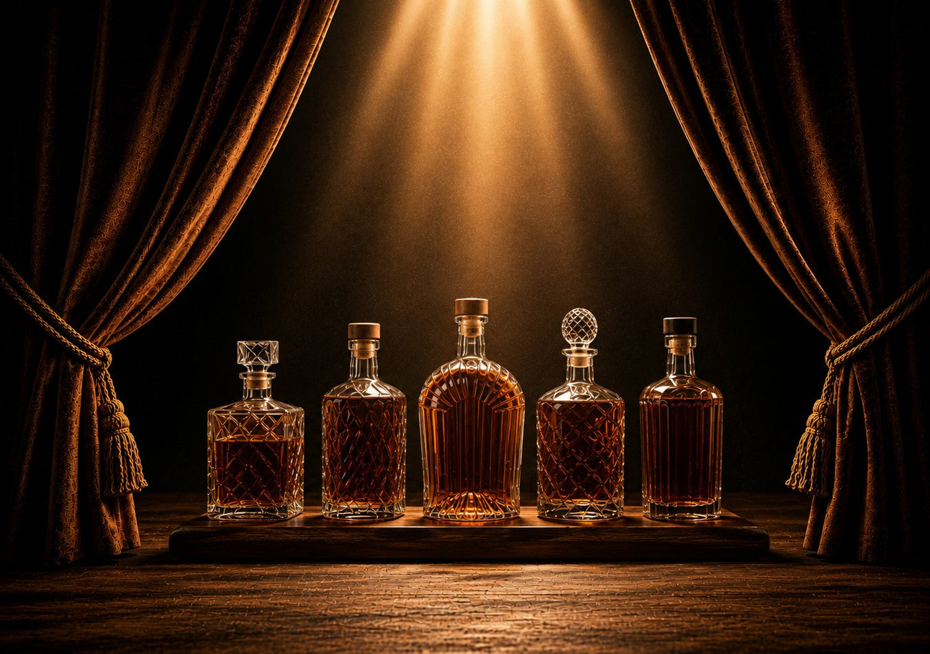 Five clear glass whiskey decant bottles filled with amber liquor are lined up on a wooden surface under dramatic spotlighting, framed by dark brown velvet curtains.