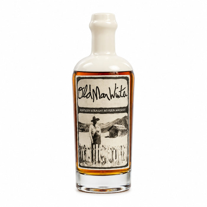 A bottle of Old Man White Kentucky Straight and Mildly Aged Bourbon Whiskey on a solid white background.