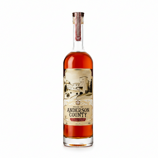 A bottle of Pride of Anderson County Kentucky Straight Bourbon Whiskey with amber liquid, a beige label with a castle illustration, and a red patterned neck seal, shown on a white background.
