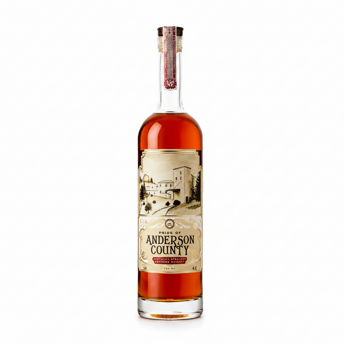 A bottle of Pride of Anderson County Kentucky Straight Bourbon Whiskey with amber liquid, a beige label with a castle illustration, and a red patterned neck seal, shown on a white background.