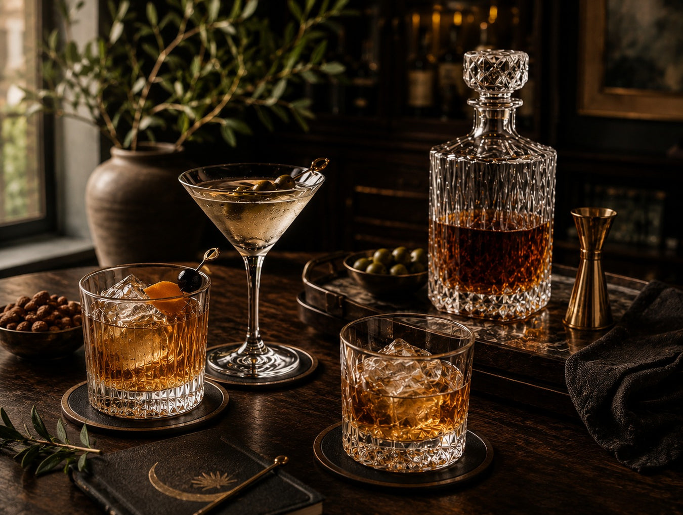 A styled bar scene with a faceted crystal decanter, two crystal rocks glasses with amber liquor and ice, a martini glass, a jigger, olives, and dark wood table in a dimly lit interior.
