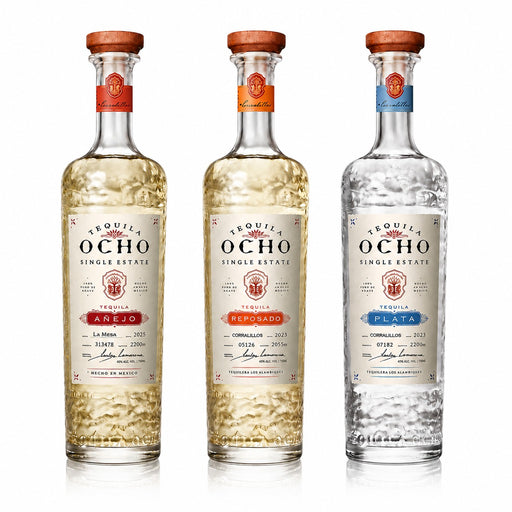 Tequila Ocho bundle — Plata, Reposado and Añejo Single Estate La Mesa 2025, three 750ml bottles of additive-free 100% Blue Weber agave tequila