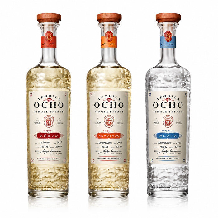 Tequila Ocho bundle — Plata, Reposado and Añejo Single Estate La Mesa 2025, three 750ml bottles of additive-free 100% Blue Weber agave tequila