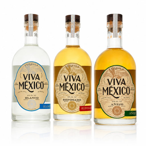 Three bottles of Tequila Viva México on a white background, showing the Blanco, Reposado, and Anejo variations with clear glass, golden-amber liquid, and detailed vintage-style labels.