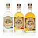 Three bottles of Tequila Viva México on a white background, showing the Blanco, Reposado, and Anejo variations with clear glass, golden-amber liquid, and detailed vintage-style labels.