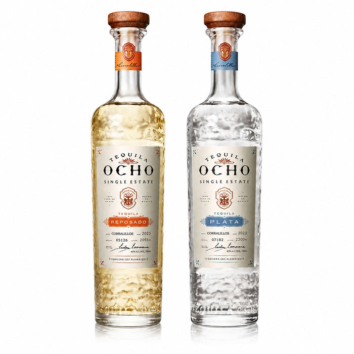Tequila Ocho Plata and Reposado bundle: two 750ml single estate additive-free tequila bottles from La Alteña, Jalisco (NOM 1474)
